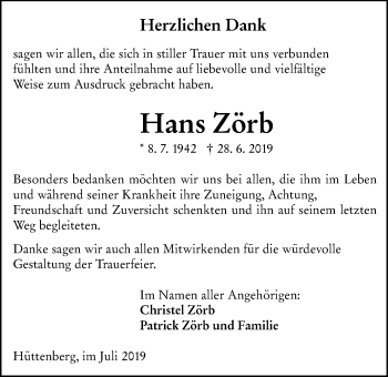 Traueranzeige von Hans Zörb von Giessener Allgemeine, Alsfelder Allgemeine
