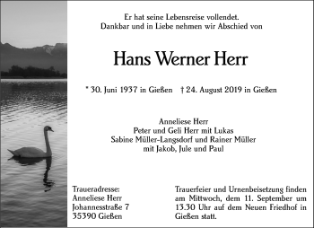Traueranzeige von Hans Werner Herr von Giessener Allgemeine, Alsfelder Allgemeine