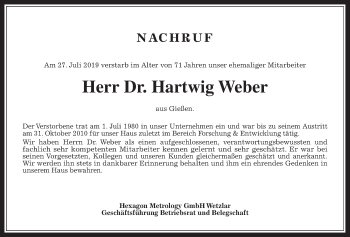 Traueranzeige von Hartwig Weber von Giessener Allgemeine, Alsfelder Allgemeine
