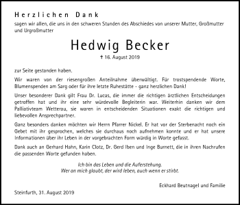 Traueranzeige von Hedwig Becker von Wetterauer Zeitung
