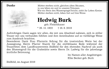Traueranzeige von Hedwig Burk von Giessener Allgemeine, Alsfelder Allgemeine