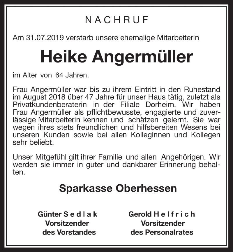  Traueranzeige für Heike Angermüller vom 10.08.2019 aus Wetterauer Zeitung