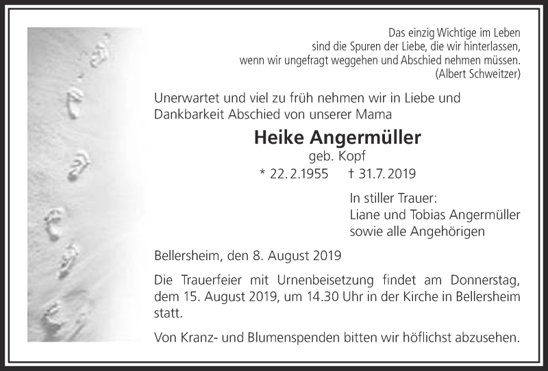  Traueranzeige für Heike Angermüller vom 08.08.2019 aus Licher Wochenblatt