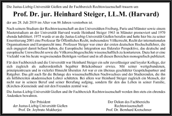 Traueranzeige von Heinhard Steiger von Giessener Allgemeine, Alsfelder Allgemeine