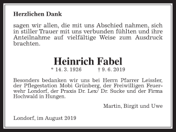 Traueranzeige von Heinrich Fabel von Giessener Allgemeine, Alsfelder Allgemeine