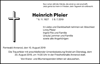 Traueranzeige von Heinrich Pleier von Giessener Allgemeine, Alsfelder Allgemeine