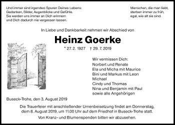 Traueranzeige von Heinz Goerke von Giessener Allgemeine, Alsfelder Allgemeine