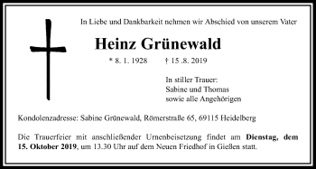 Traueranzeige von Heinz Grünewald von Giessener Allgemeine, Alsfelder Allgemeine