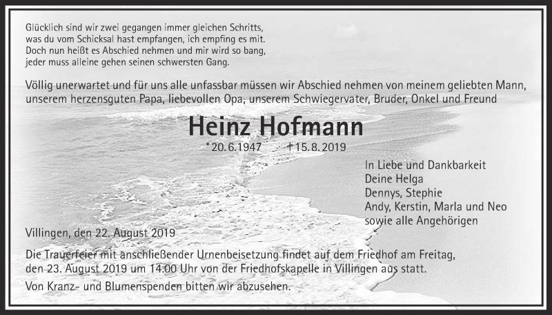  Traueranzeige für Heinz Hofmann vom 22.08.2019 aus Licher Wochenblatt