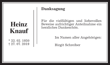 Traueranzeige von Heinz Knauf von Wetterauer Zeitung