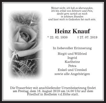 Traueranzeige von Heinz Knauf von Wetterauer Zeitung