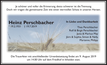 Traueranzeige von Heinz Perschbacher von Licher Wochenblatt