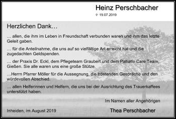 Traueranzeige von Heinz Perschbacher von Licher Wochenblatt