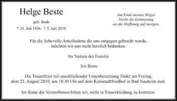 Traueranzeige von Helge Beste von Wetterauer Zeitung