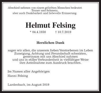 Traueranzeige von Helmut Felsing von Giessener Allgemeine, Alsfelder Allgemeine
