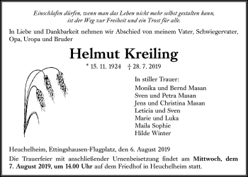 Traueranzeige von Helmut Kreiling von Giessener Allgemeine, Alsfelder Allgemeine