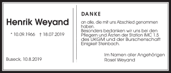 Traueranzeige von Henrik Weyand von Giessener Allgemeine, Alsfelder Allgemeine