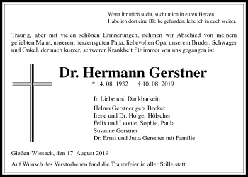 Traueranzeige von Hermann Gerstner von Giessener Allgemeine, Alsfelder Allgemeine