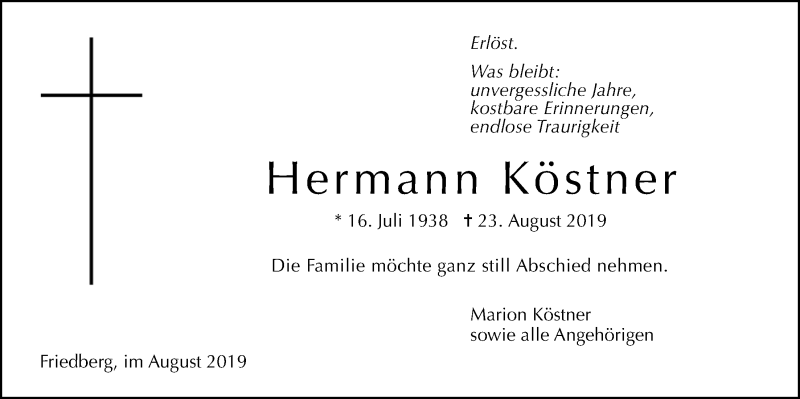  Traueranzeige für Hermann Köstner vom 29.08.2019 aus Licher Wochenblatt