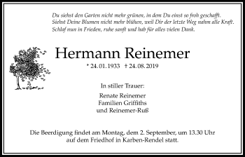 Traueranzeige von Hermann Reinemer von Bad Vilbel/Karben