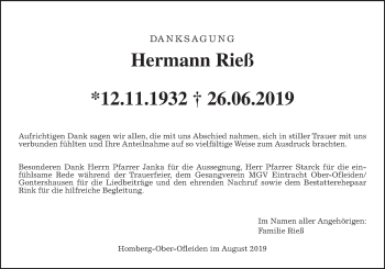 Traueranzeige von Hermann Rieß von Alsfelder Allgemeine