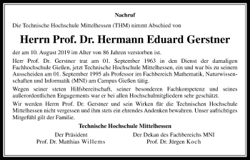 Traueranzeige von Hermann Eduard Gerstner von Giessener Allgemeine, Alsfelder Allgemeine