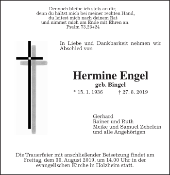 Traueranzeige von Hermine Engel von Giessener Allgemeine, Alsfelder Allgemeine