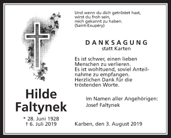 Traueranzeige von Hilde Faltynek von Wetterauer Zeitung