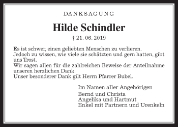 Traueranzeige von Hilde Schindler von Pohlheimer Nachrichten