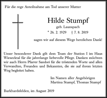 Traueranzeige von Hilde Stumpf von Giessener Allgemeine, Alsfelder Allgemeine
