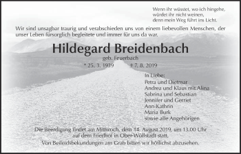 Traueranzeige von Hildegard Breidenbach von Wetterauer Zeitung
