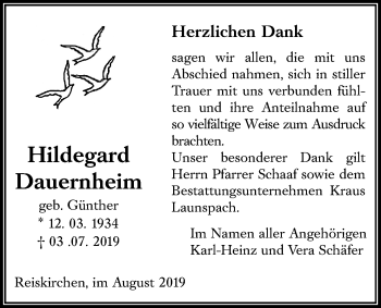 Traueranzeige von Hildegard Dauernheim von Giessener Allgemeine, Alsfelder Allgemeine