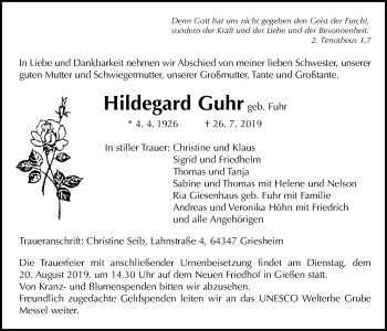 Traueranzeige von Hildegard Guhr von Giessener Allgemeine, Alsfelder Allgemeine