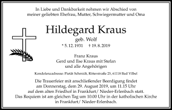 Traueranzeige von Hildegard Kraus von Bad Vilbel/Karben