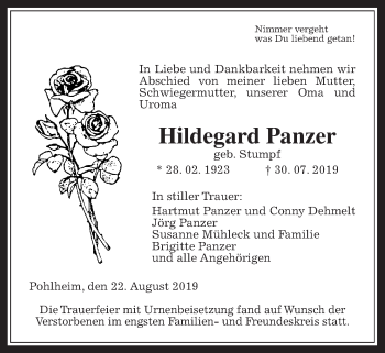Traueranzeige von Hildegard Panzer von Pohlheimer Nachrichten