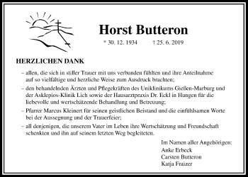 Traueranzeige von Horst Butteron von Giessener Allgemeine, Alsfelder Allgemeine
