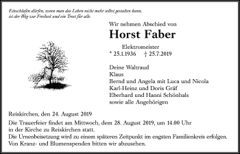 Traueranzeige von Horst Faber von Giessener Allgemeine, Alsfelder Allgemeine