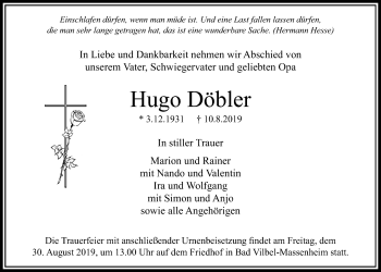 Traueranzeige von Hugo Döbler von Bad Vilbel/Karben