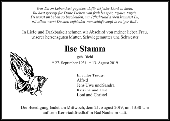 Traueranzeige von Ilse Stamm von Wetterauer Zeitung