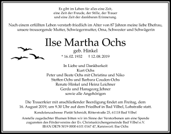 Traueranzeige von Ilse Martha Ochs von Bad Vilbel/Karben