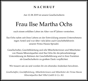 Traueranzeige von Ilse Martha Ochs von Bad Vilbel/Karben