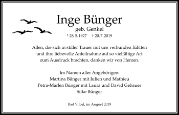 Traueranzeige von Inge Bünger von Bad Vilbel/Karben