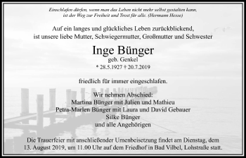 Traueranzeige von Inge Bünger von Bad Vilbel/Karben