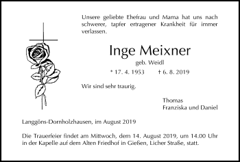 Traueranzeige von Inge Meixner von Giessener Allgemeine, Alsfelder Allgemeine