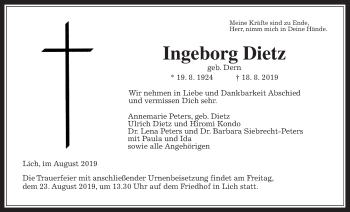 Traueranzeige von Ingeborg Dietz von Giessener Allgemeine, Alsfelder Allgemeine