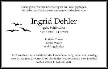 Traueranzeige von Ingrid Dehler von Bad Vilbel/Karben