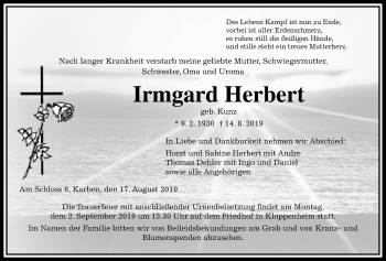 Traueranzeige von Irmgard Herbert von Wetterauer Zeitung