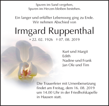 Traueranzeige von Irmgard Ruppenthal von Giessener Allgemeine, Alsfelder Allgemeine