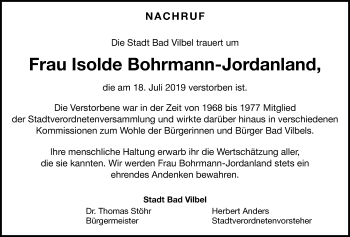 Traueranzeige von Isolde Bohrmann-Jordanland von Bad Vilbel/Karben