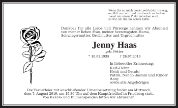 Traueranzeige von Jenny Haas von Wetterauer Zeitung